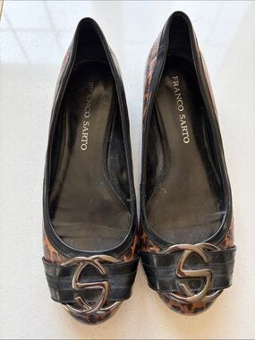 Franco Sarto Leopard-Print Ballet Flats with Black Trim and Gold Hardware